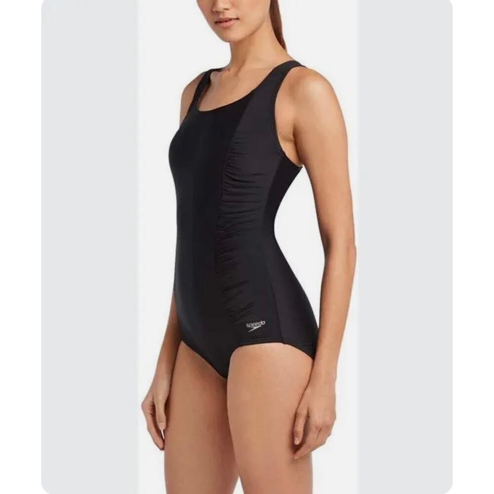 New Speedo Black Shirred‎ Ruched Sides Tank One Piece Bathing Swim Suit